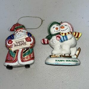 FITZ & FLOYD set of two Ceramic Christmas Ornaments  Santa and Friends Vintage
